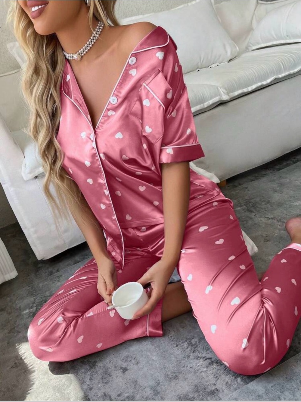 Women's Pink Satin Heart Pajama Set